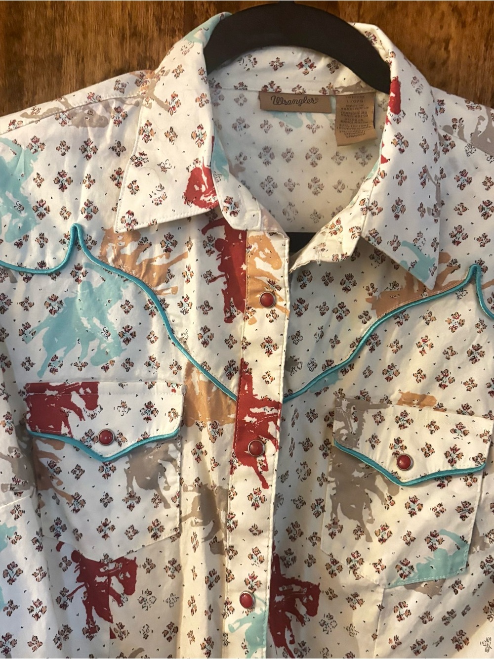 Women’s Wrangler Cream Western Button-Down with Multi-Color Rodeo Print - Picture 2 of 7
